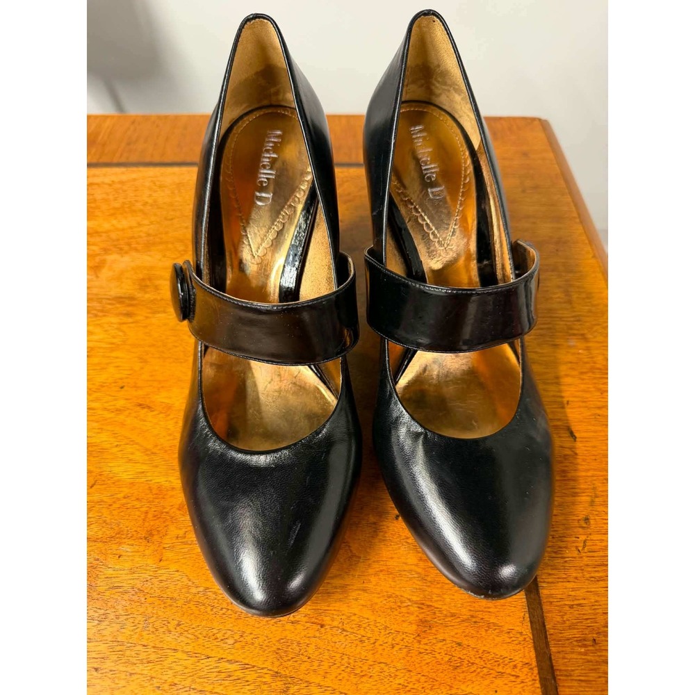 Michelle D Womens 7.5M Black Heels Mary Jane Button Strap Leather Pumps